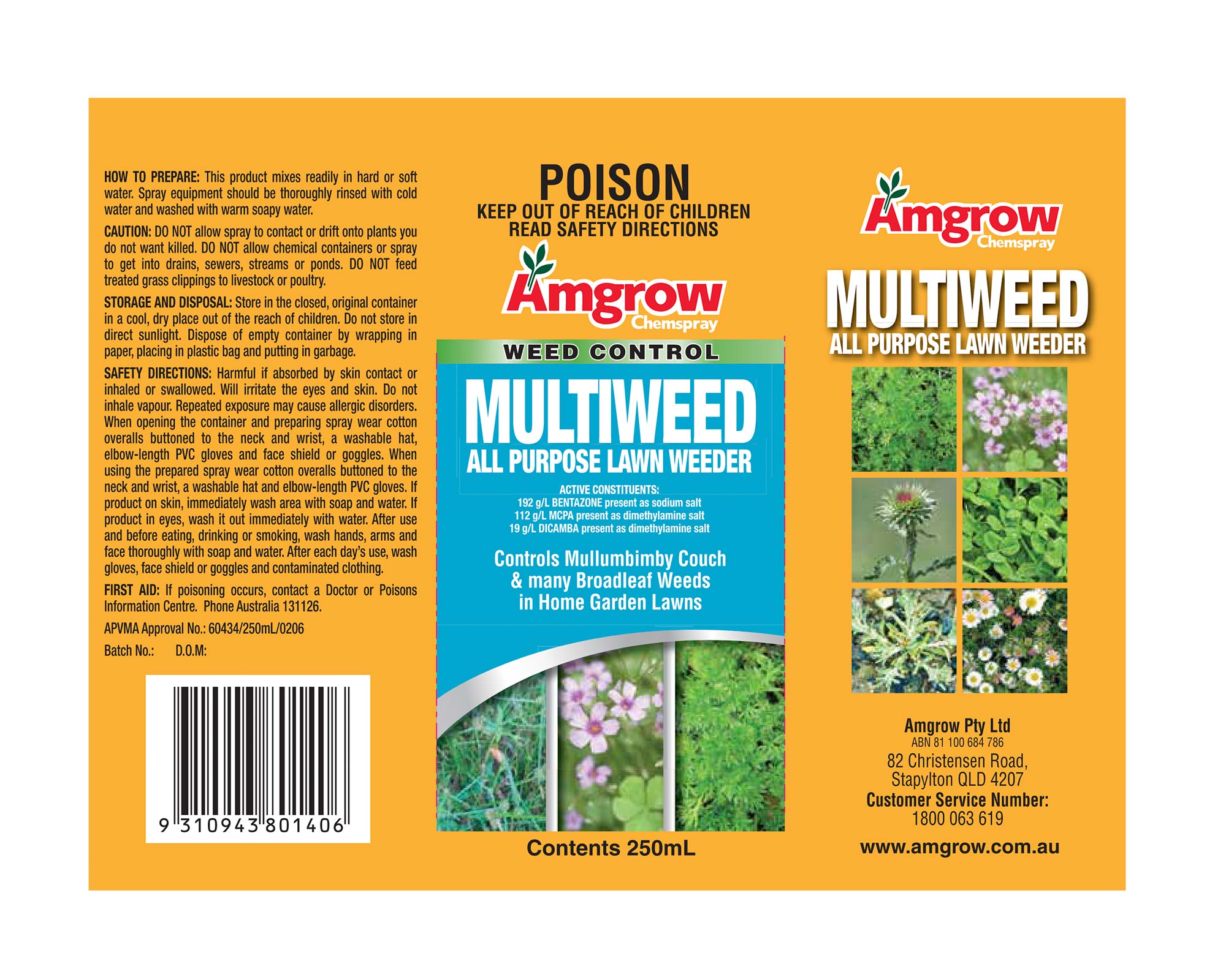 Multiweed All Purpose Lawn Weeder 250ml bottle Amgrow Label