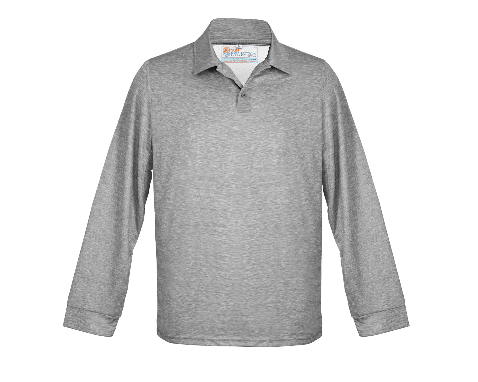 Mens Classic long sleeved Polo UPF 50+ Available in 3 colours, mid grey, silver and blue.  This is mid-grey