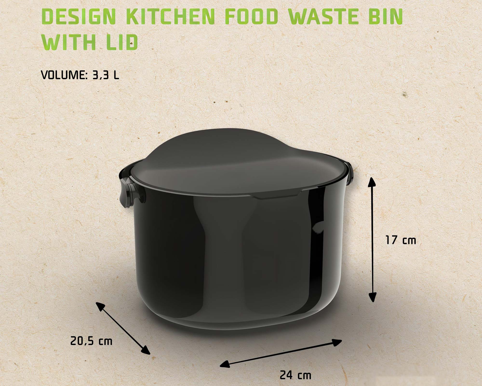 Dimensions - Compost Caddy Skaza Organko 3.3L - 2 Pack - Kitchen Compost Bin