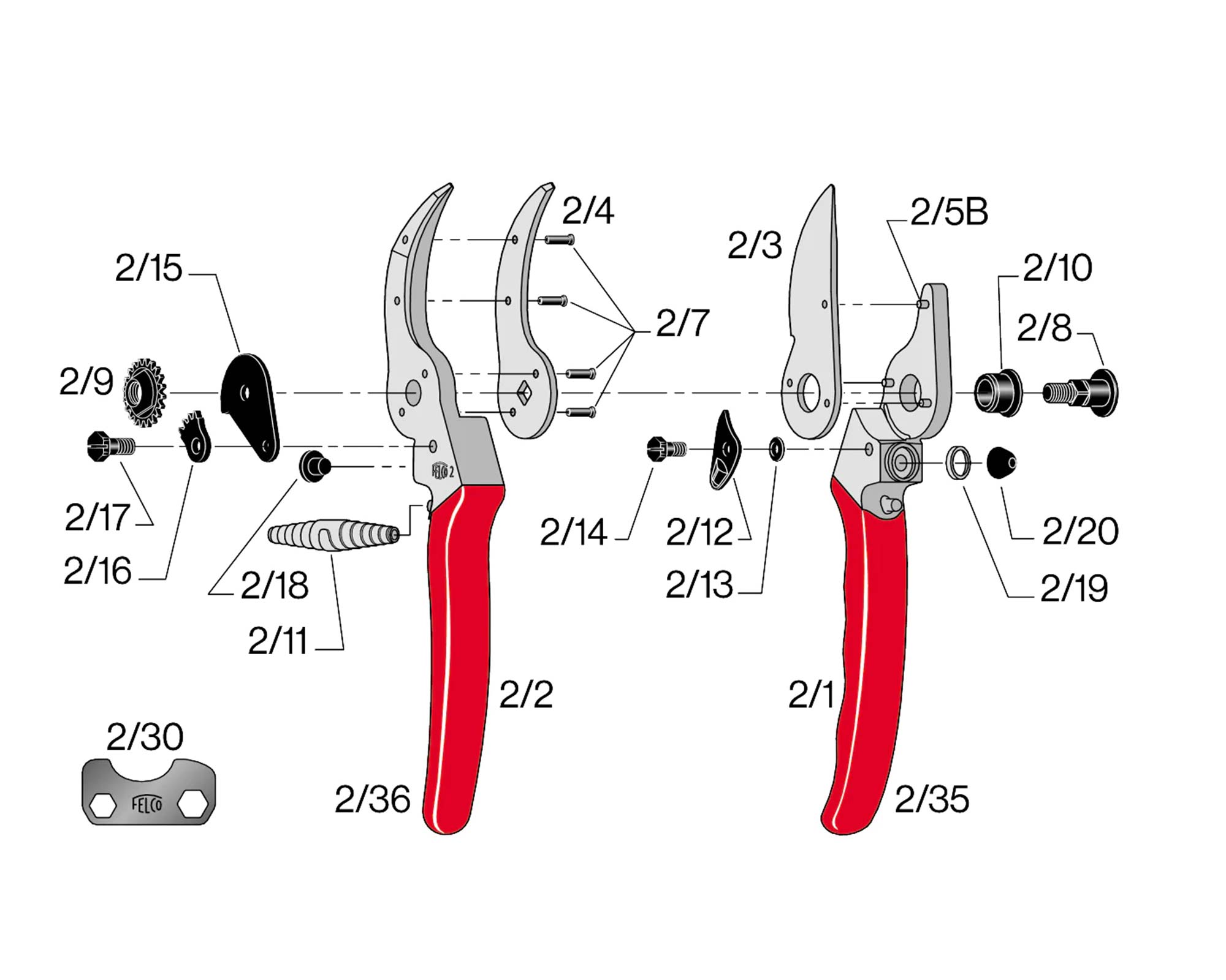 Diagram of Felco 2 showing the part in question being the spare blade Part#2/3