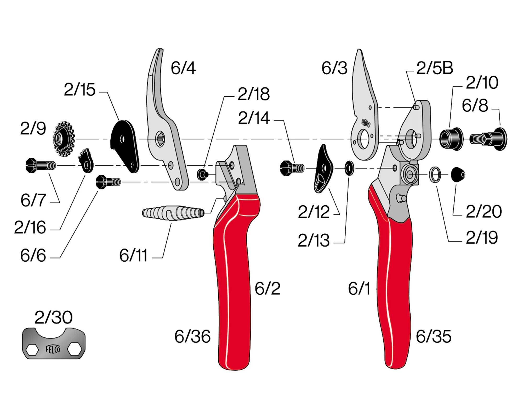 Diagram of parts for Felco 6 showing the part in question - being the spare blade 6/3.