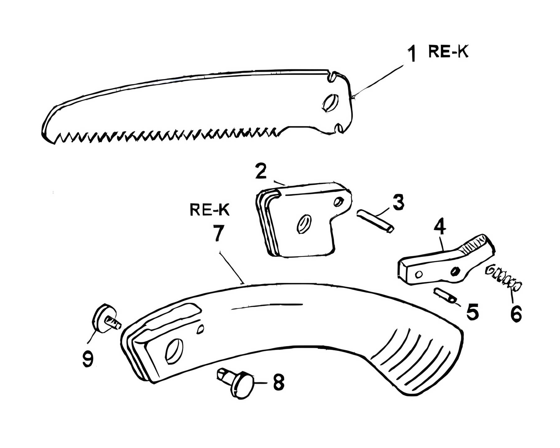 Diagram of disassembled parts for Wolf folding pruning saw