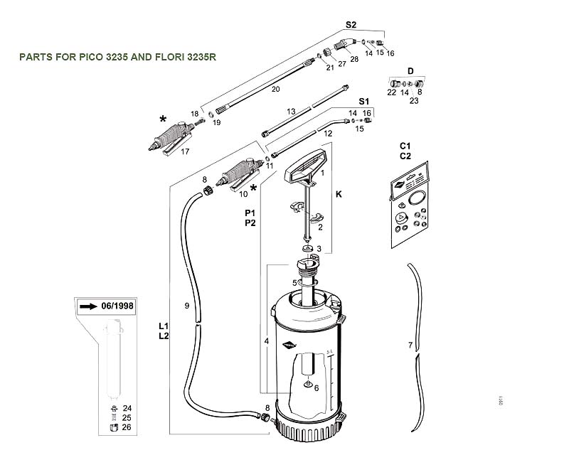 Spare parts diagram for Pico and Flori pressure sprayers