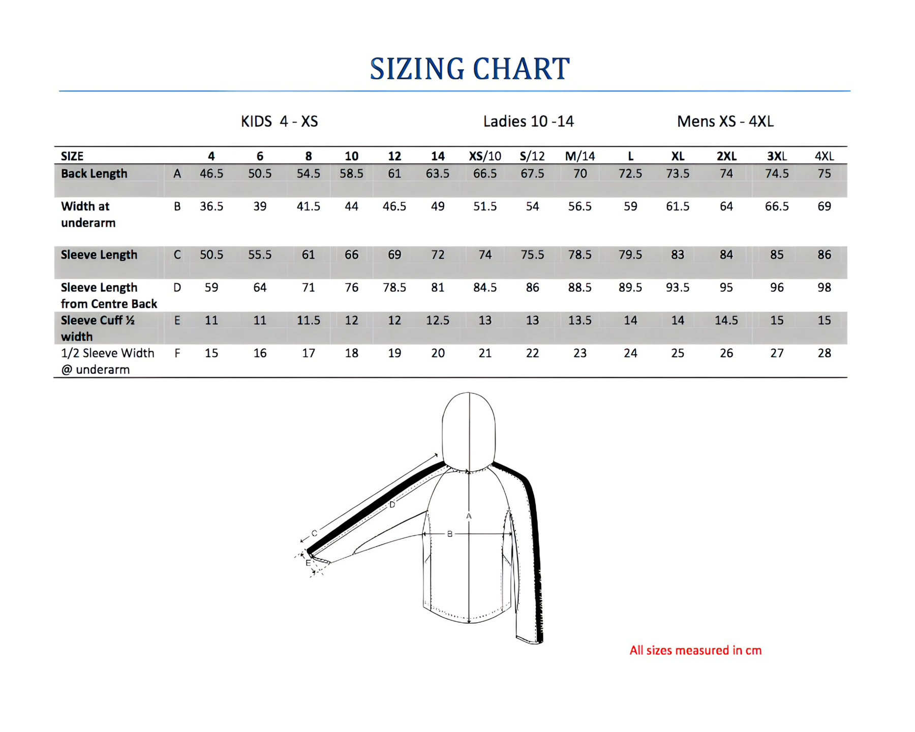 Sizing chart for the Sun Protection Hoodie