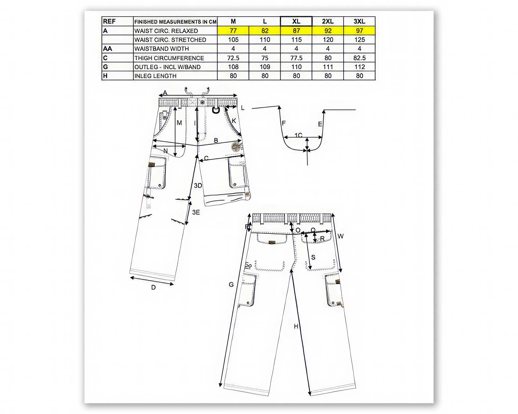 Unisex Cargo Activity Pants - size chart