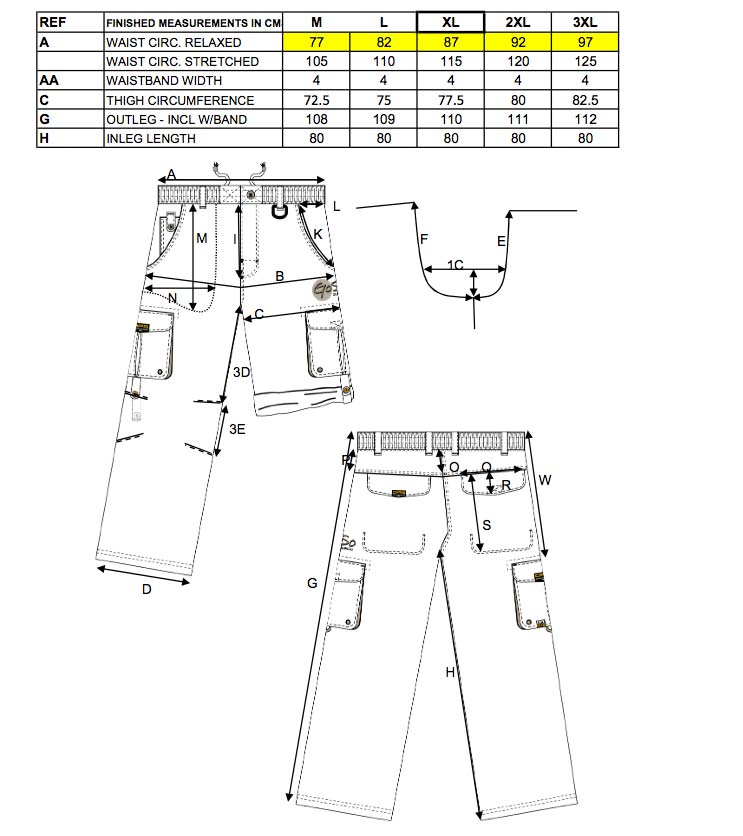 Unisex Cargo Activity Pants - size chart