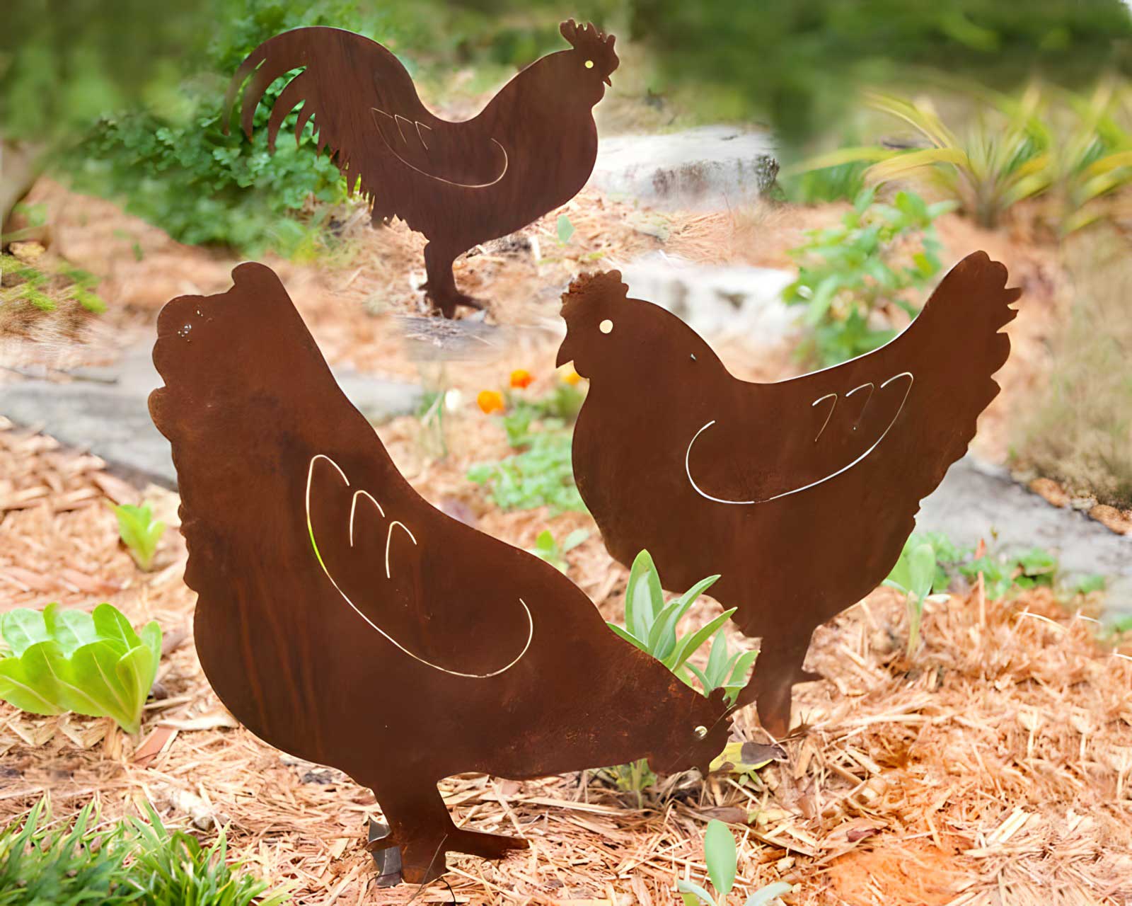 Rooster and two hens, whimsical decorative garden art