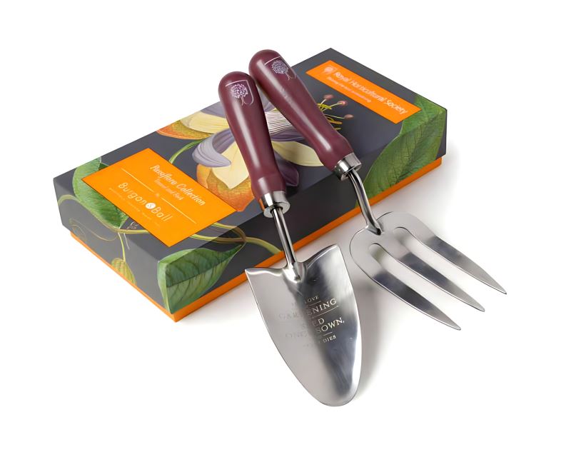 RHS endorsed Burgon and Ball Gift Set - Hand Trowel and Hand Fork - this is the Passiflora pattern box.