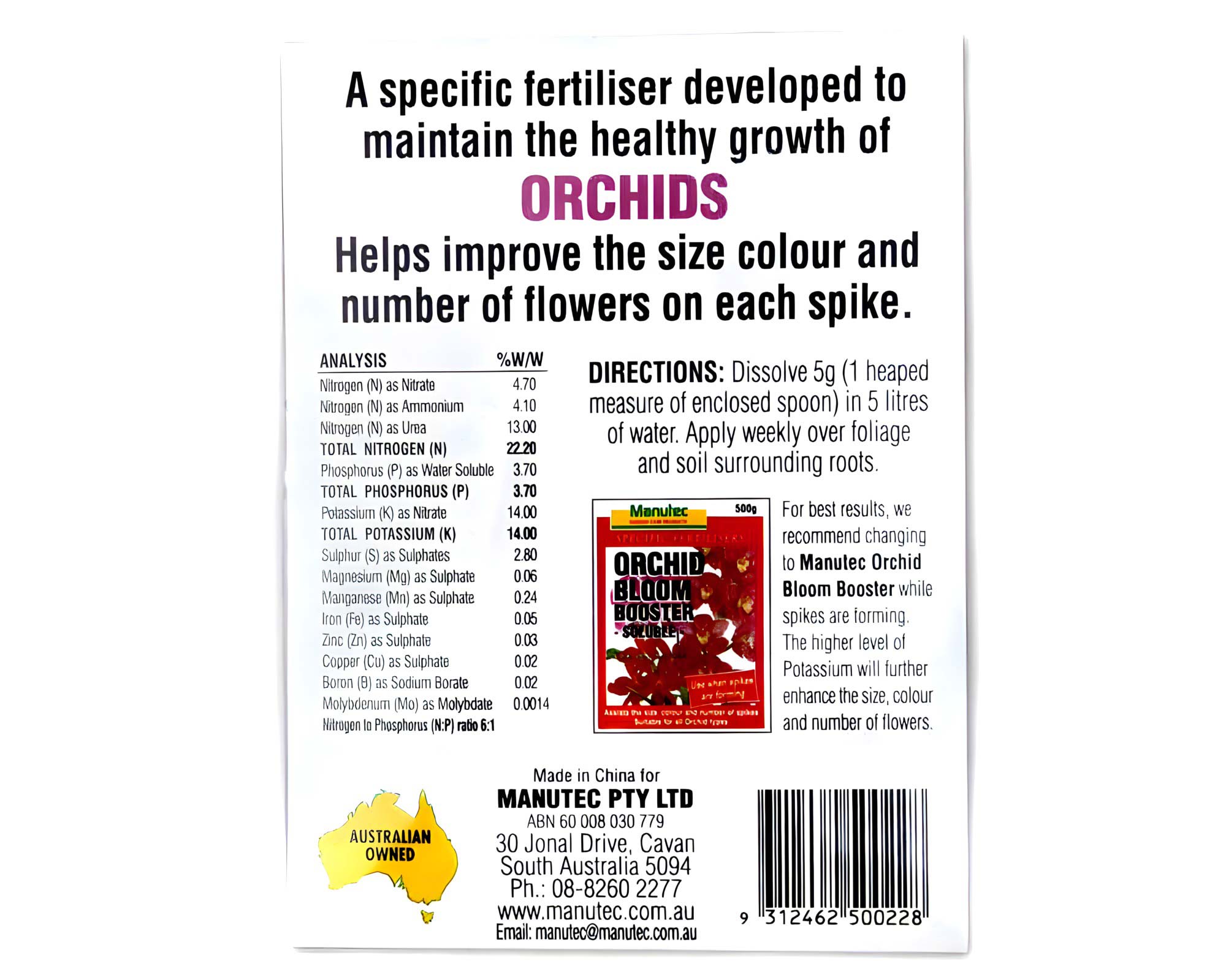 Orchid Fertiliser - Manutec, Pack Rear Panel