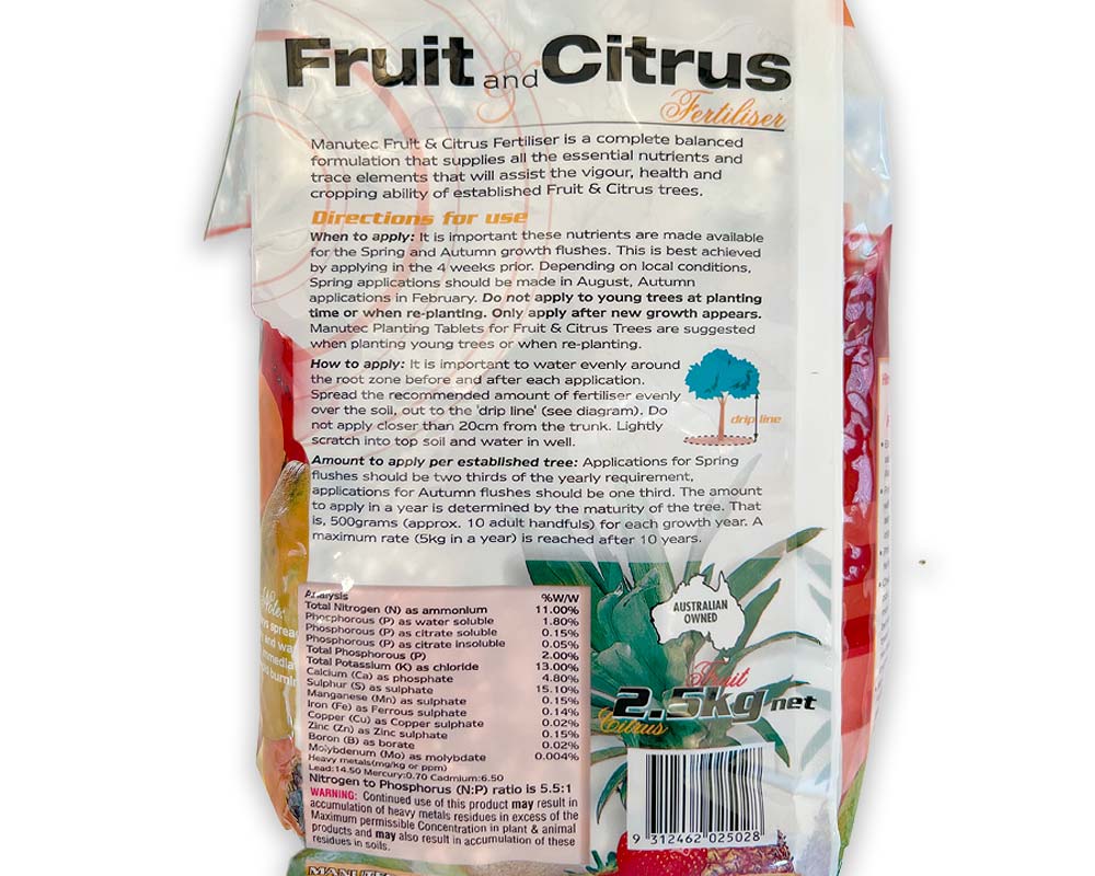 Fruit and citrus Food, Manutec, Granular 2.5kgs pack rear panel