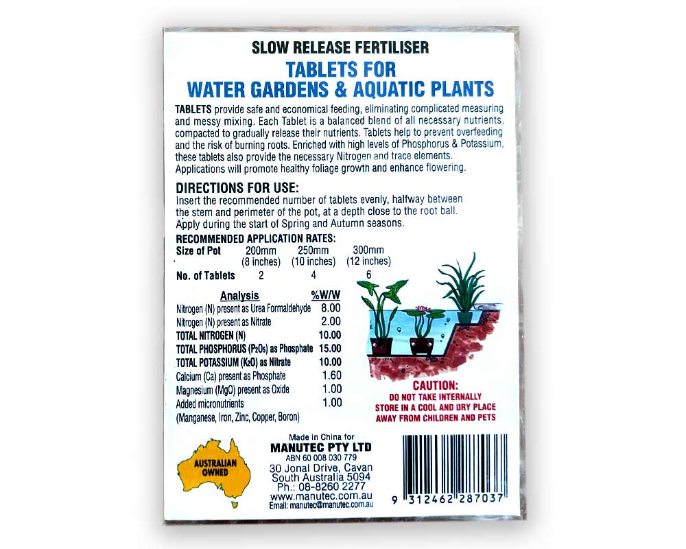 Water Garden Tablet Fertiliser - Manutec, rear pack info panel