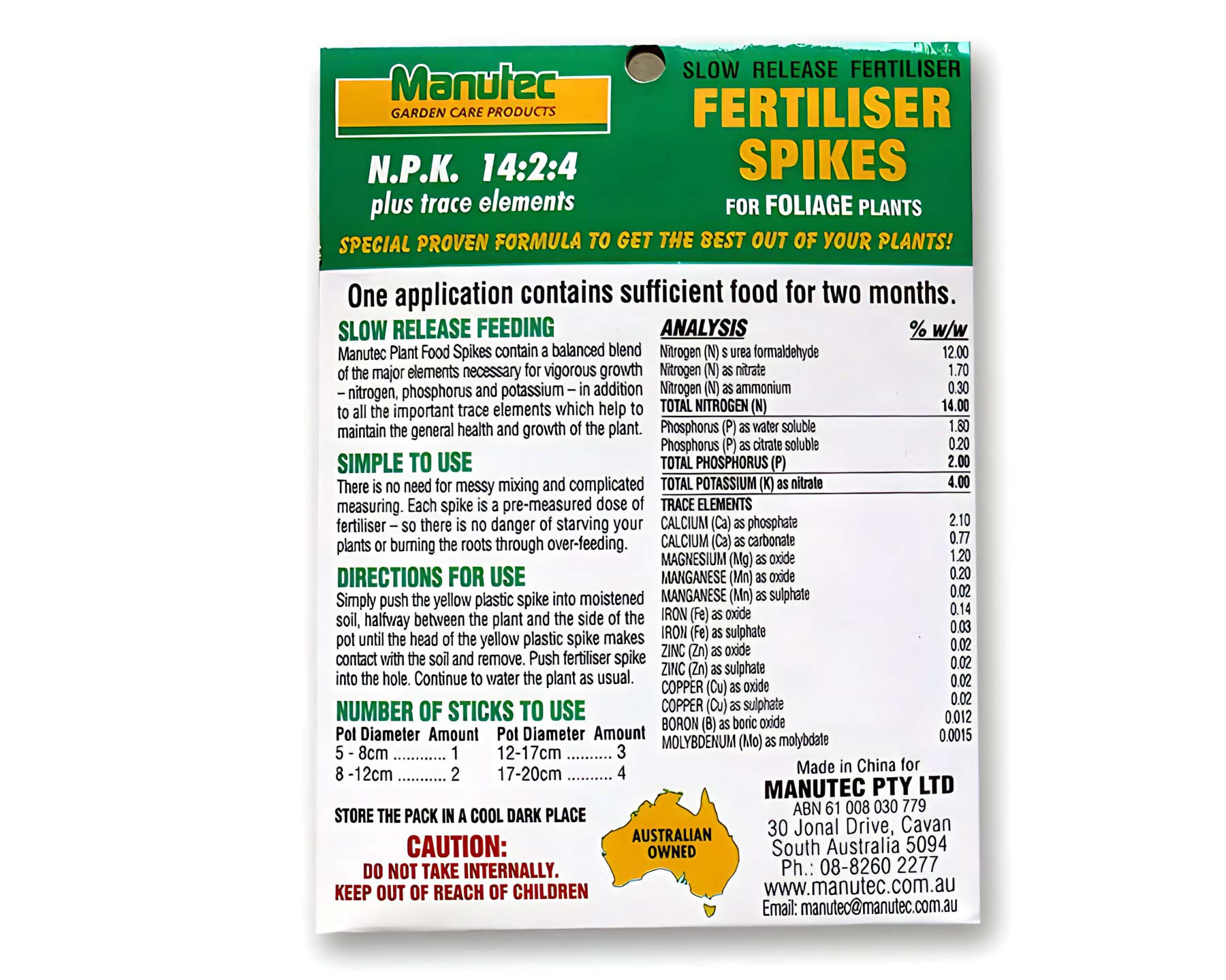 Manutec Fertiliser Spikes for Foliage, package rear panel