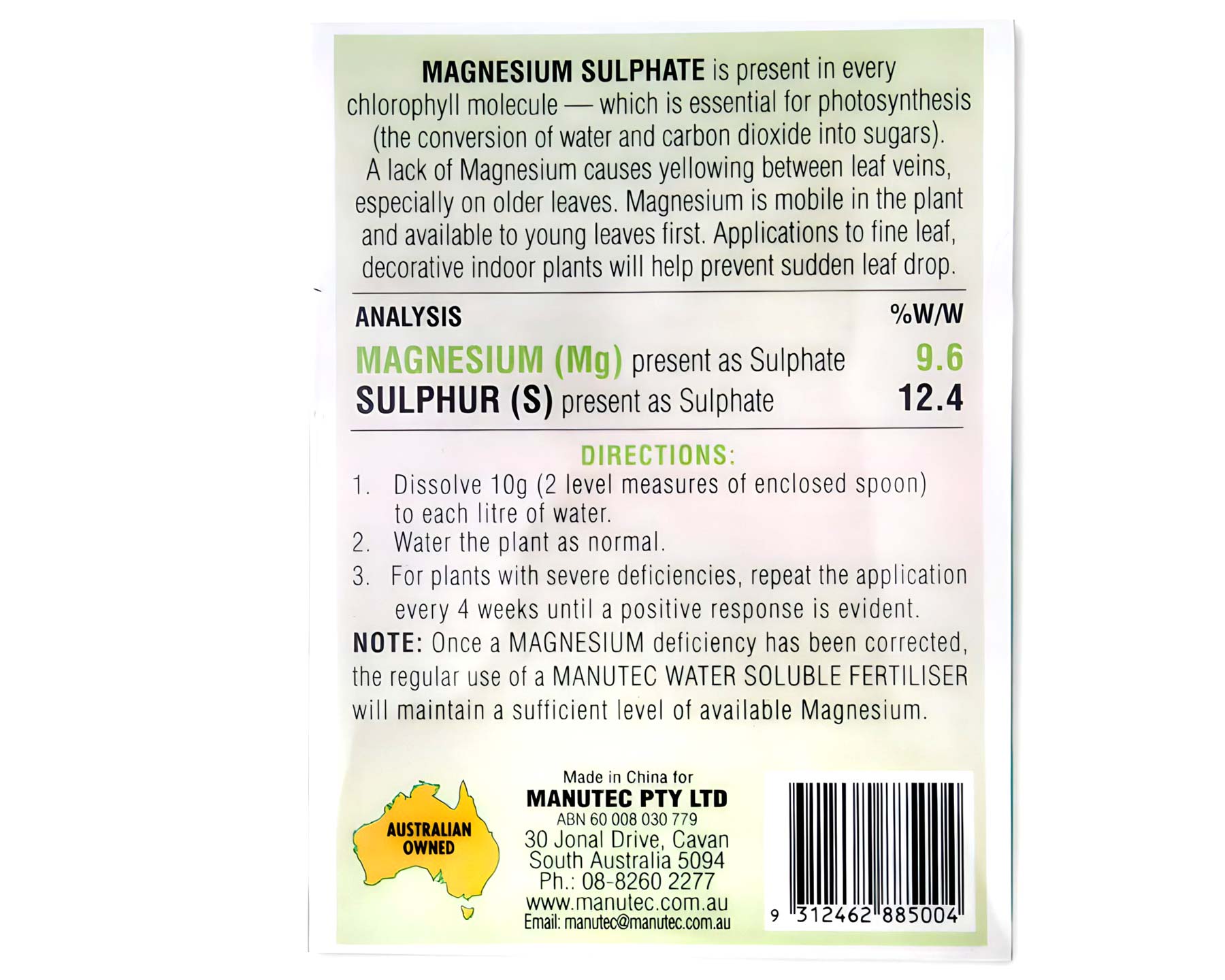 Magnesium Sulphate - Manutec, Pack Rear Panel