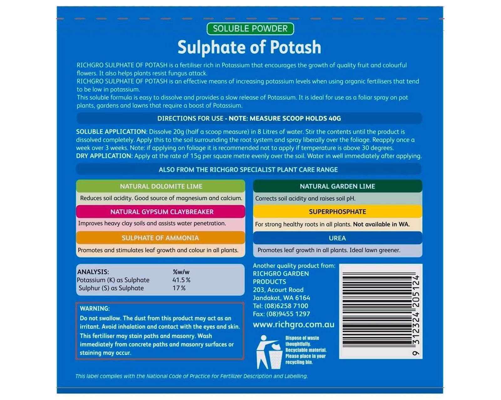 Richgro Sulphate of Potash - Directions for use