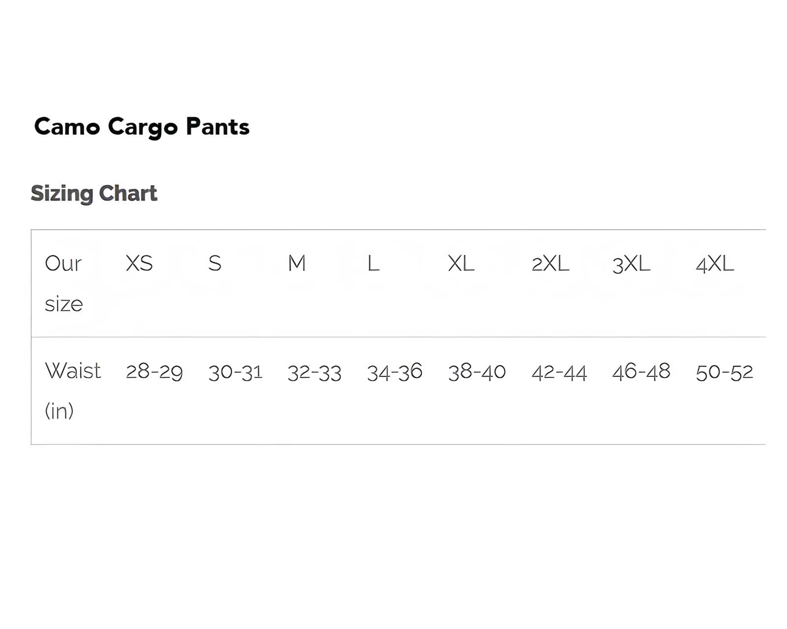 Camo Cargo Pants - Size Chart