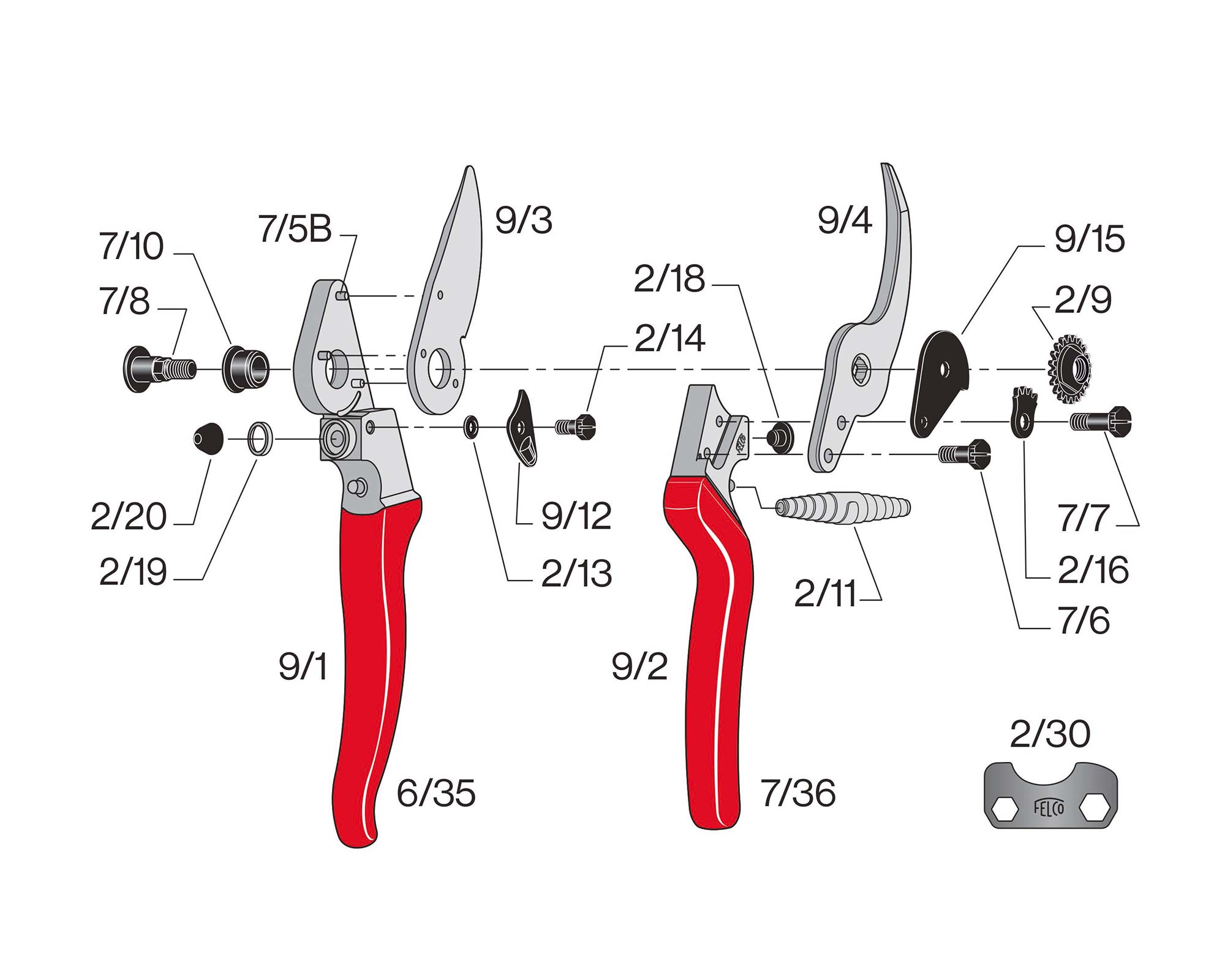 Exploded parts diagram for Felco9 secateurs