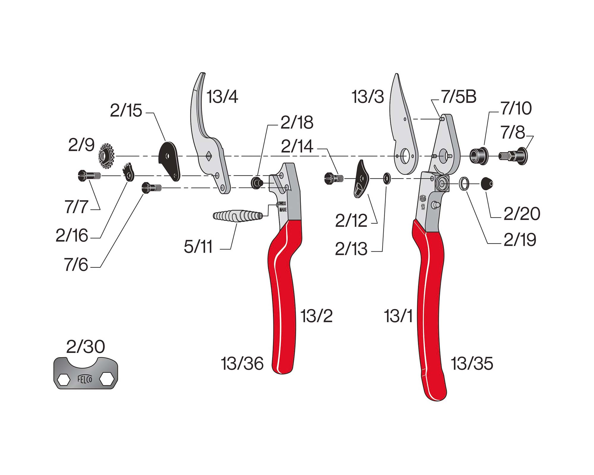 Exploded parts diagram for Felco 13 secateurs