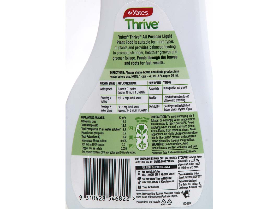Thrive Liquid All-Purpose Fertiliser - Rear Info Panel