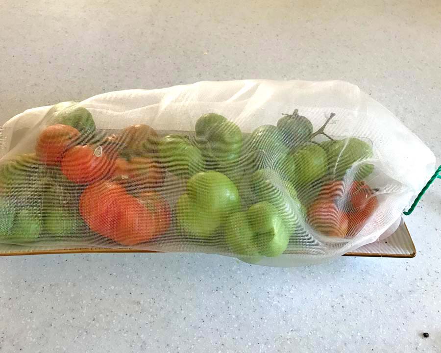 The small draw string bag protects the fruit from flies while it ripens