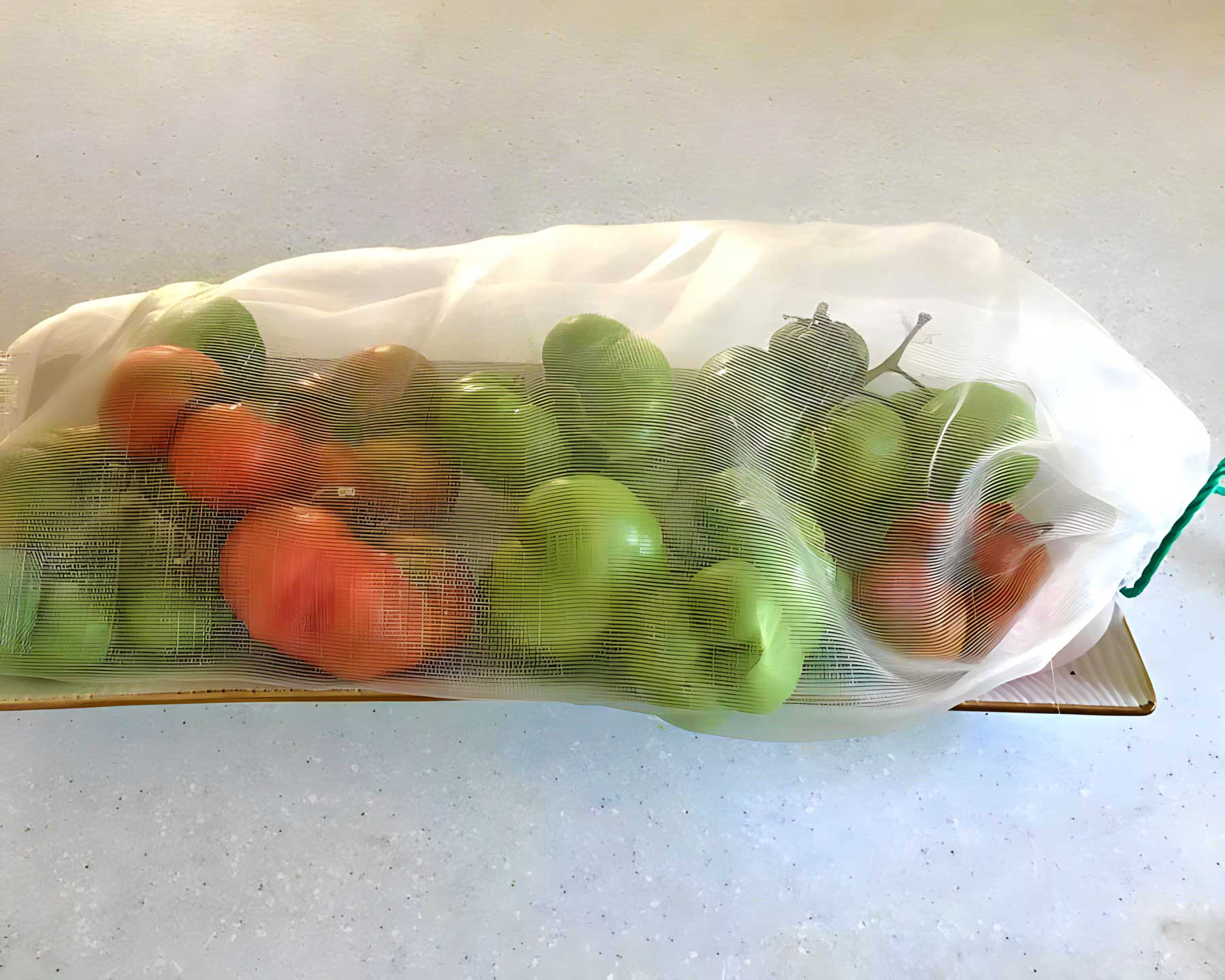 The small draw string bag protects the fruit from flies while it ripens