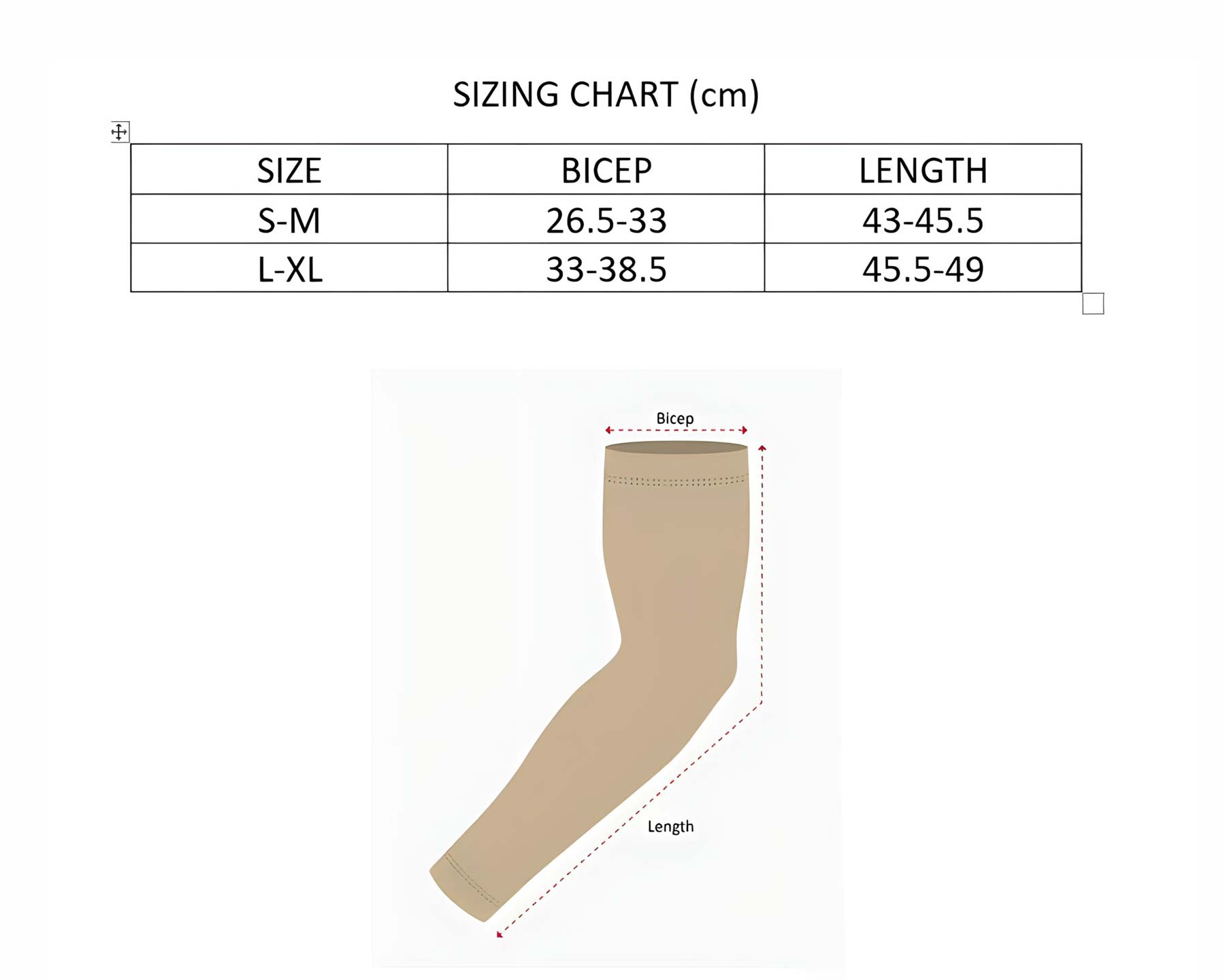 Size Chart for Sun Protection Sleeves