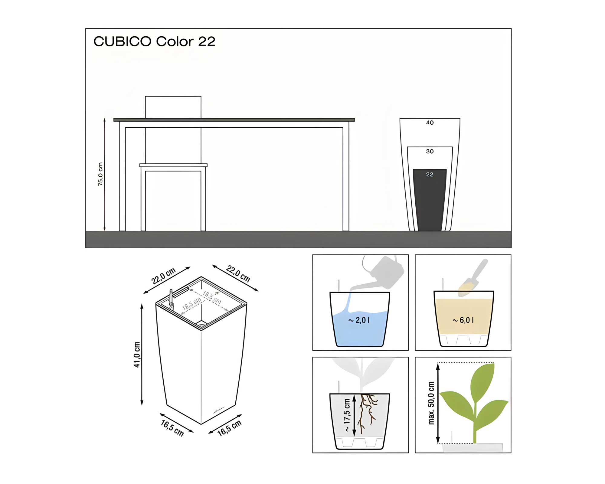 Diagram - Cubico Color 22 - Self-Watering Pot - Lechuza