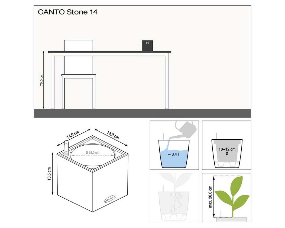 Dimensions - Canto Stone 14 Cube - Self-Watering Pot - Lechuza