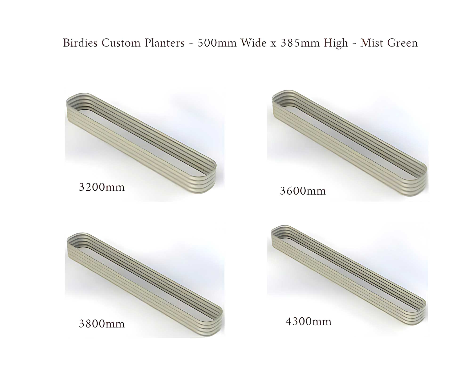 Birdies Custom Planters - 500mm Wide x 385mm High - Lengths: 3200mm, 3600mm, 3800mm, 4300mm - Mist Green