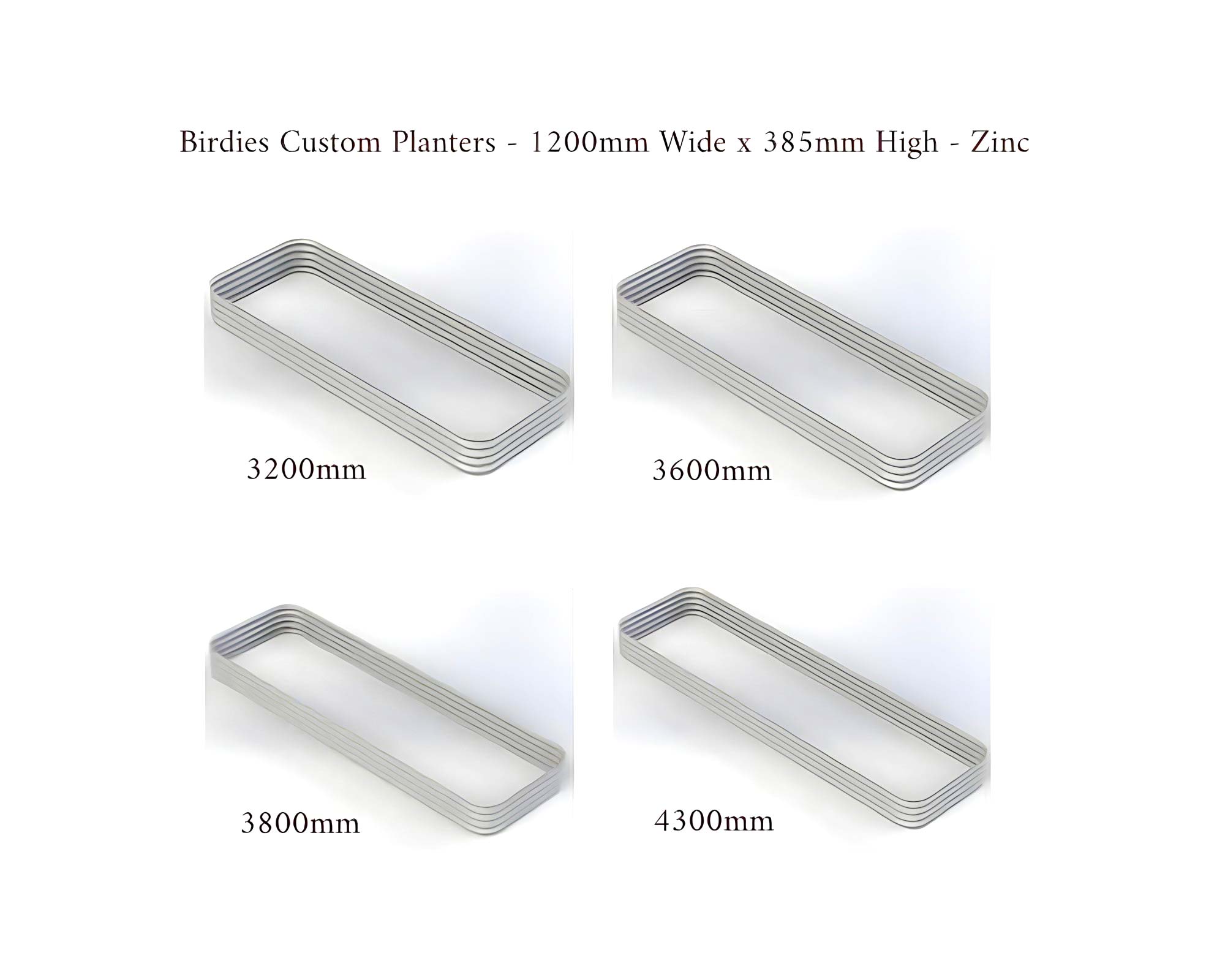 Birdies Custom Planters - 1200mm Wide x 385mm High - Lengths: 3200mm, 3600mm, 3800mm, 4300mm - Zinc