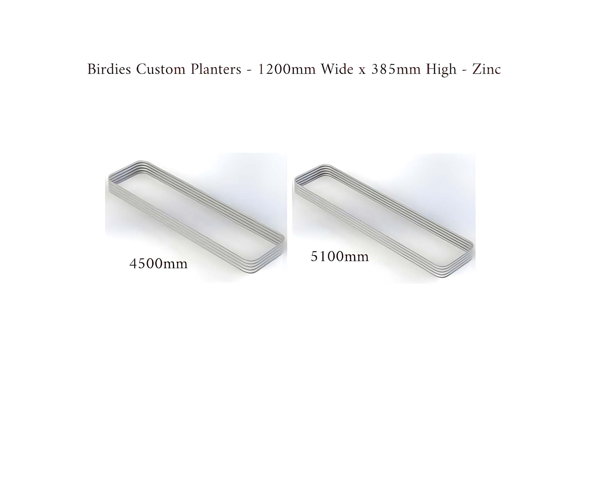 Birdies Custom Planters - 1200mm Wide x 385mm High - Lengths: 4500mm, 5100mm - Zinc