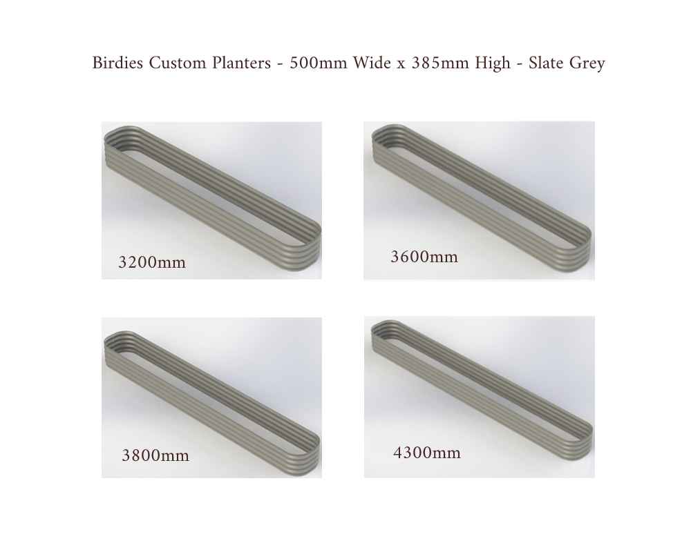 Birdies Custom Planters - 500mm Wide x 385mm High - Lengths: 3200mm, 3600mm, 3800mm, 4300mm - Slate Grey