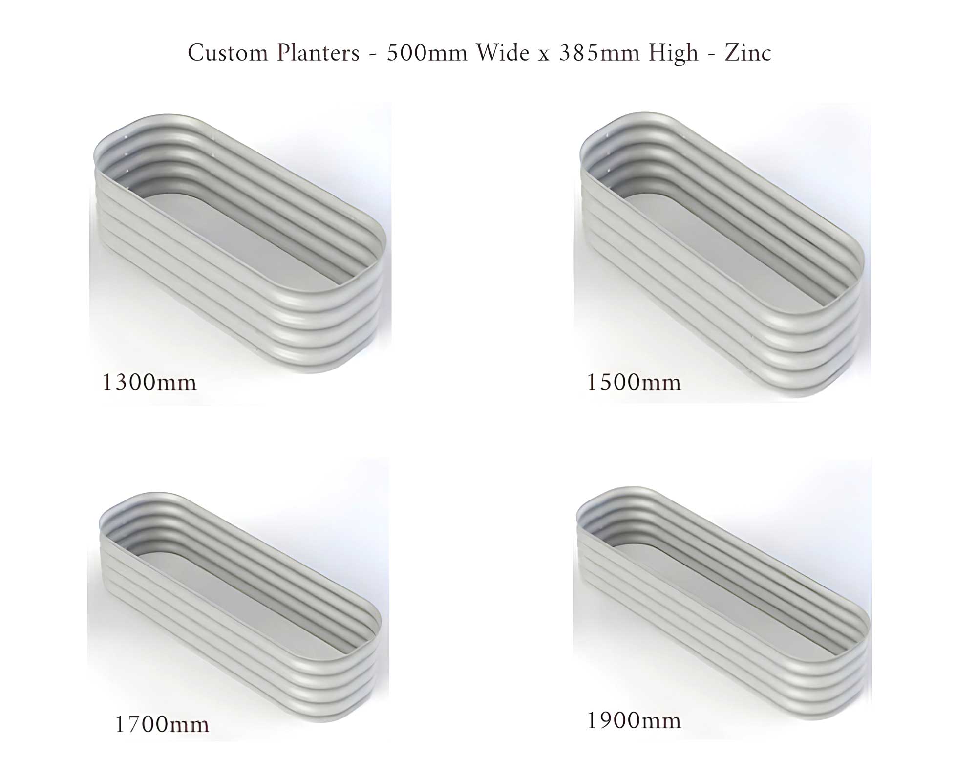 Birdies Custom Planters - 500mm Wide x 385mm High - Lenghts: 1300mm, 1500mm, 1700mm and 1900mm - Zinc