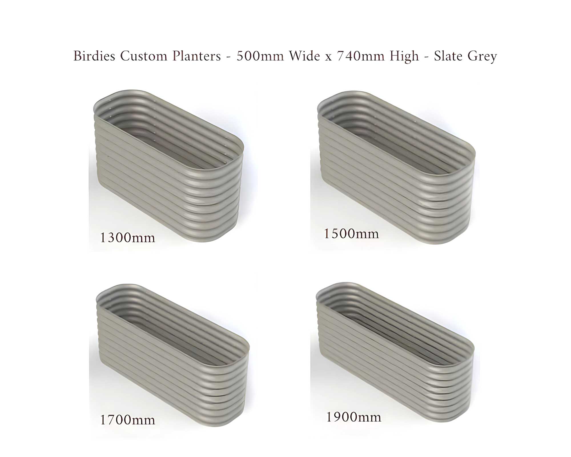 Birdies Custom Planters - 500mm Wide x 740mm High - Lengths: 1300mm, 1500mm, 1700mm, 1900mm - Slate Grey