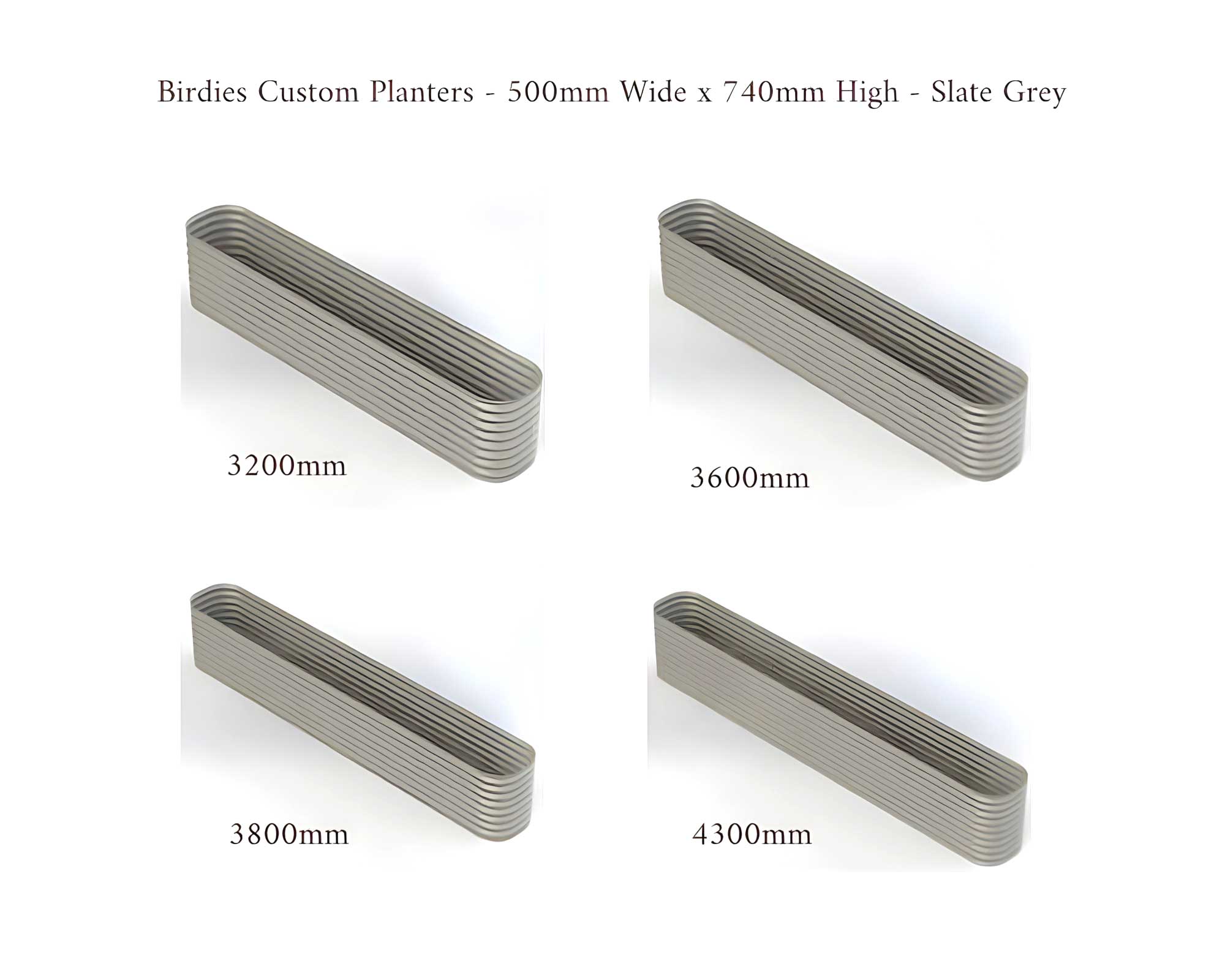 Birdies Custom Planters - 500mm Wide x 740mm High - Lengths: 3200mm, 3600mm, 3800mm, 4300mm - Slate Grey