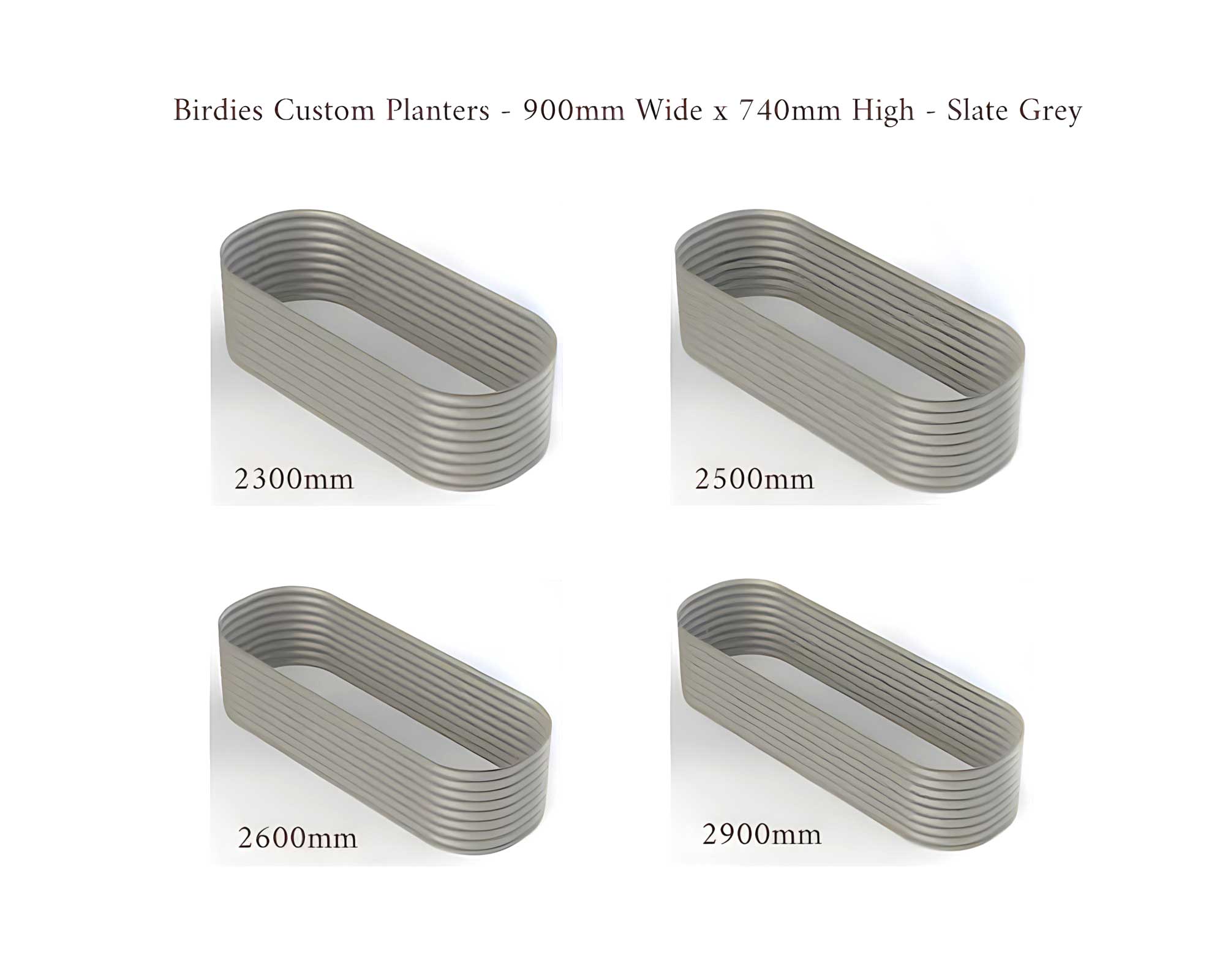 Birdies Custom Planters - 900mm Wide x 740mm High - Lengths: 2300mm, 2500mm, 2600mm, 2900mm - Slate Grey
