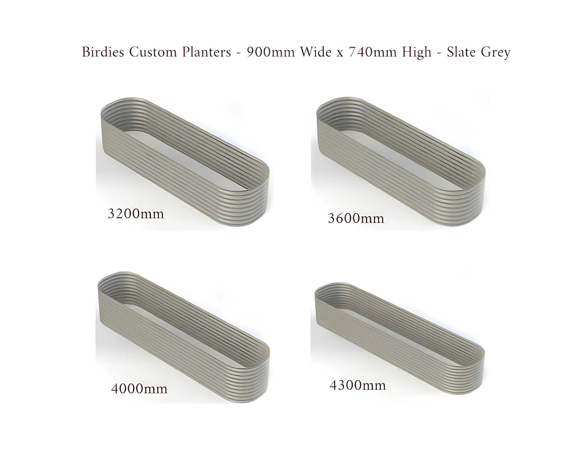 Birdies Custom Planters - 900mm Wide x 740mm High - Lengths: 3200mm, 3600mm, 4000mm, 4300mm - Slate Grey
