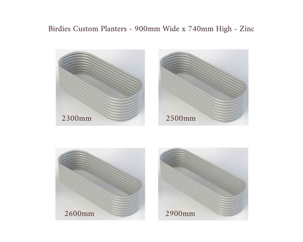 Birdies Custom Planters - 900mm Wide x 740mm High - Lengths: 2300mm, 2500mm, 2600mm, 2900mm - Zinc