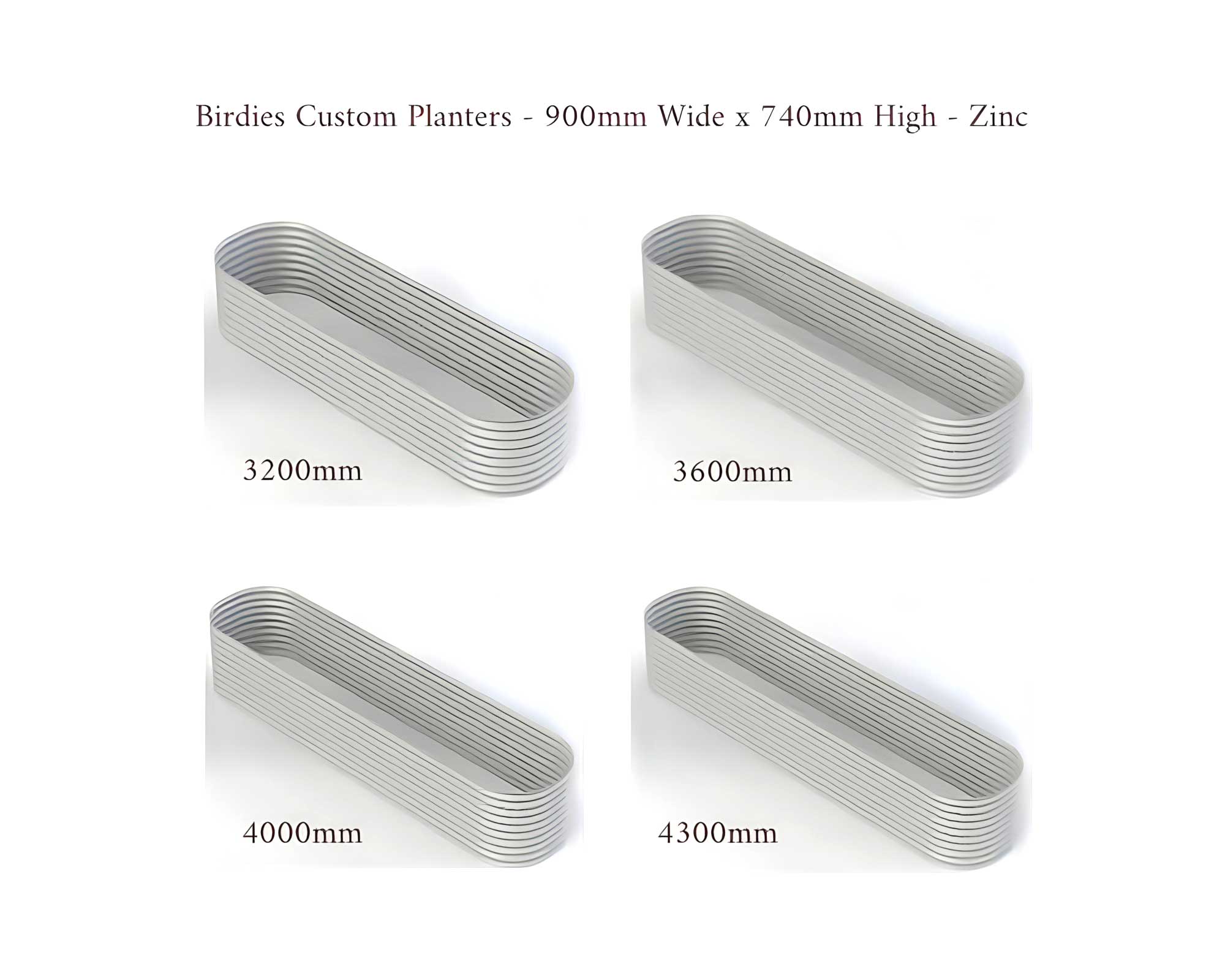 Birdies Custom Planters - 900mm Wide x 740mm High - Lengths: 3200mm, 3600mm, 4000mm, 4300mm - Zinc