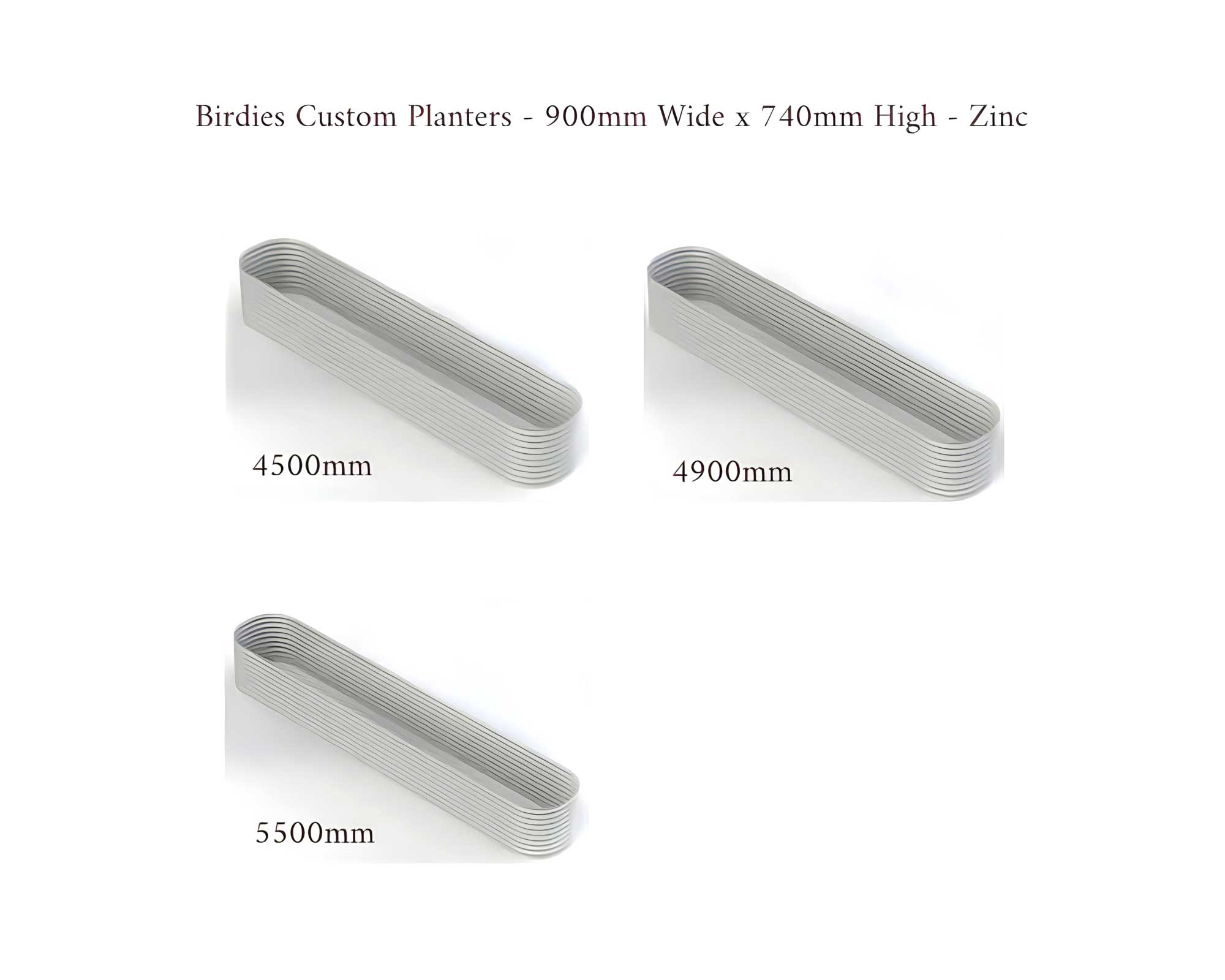 Birdies Custom Planters - 900mm Wide x 740mm High - Lengths: 4500mm, 4700mm, 5500mm - Zinc