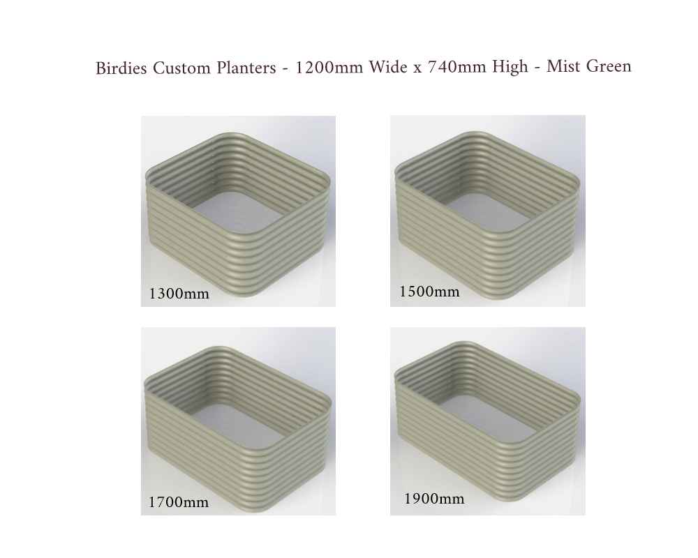 Birdies Custom Planters - 1200mm Wide x 740mm High - Lengths: 1300mm, 1500mm, 1700mm, 1900mm - Mist Green