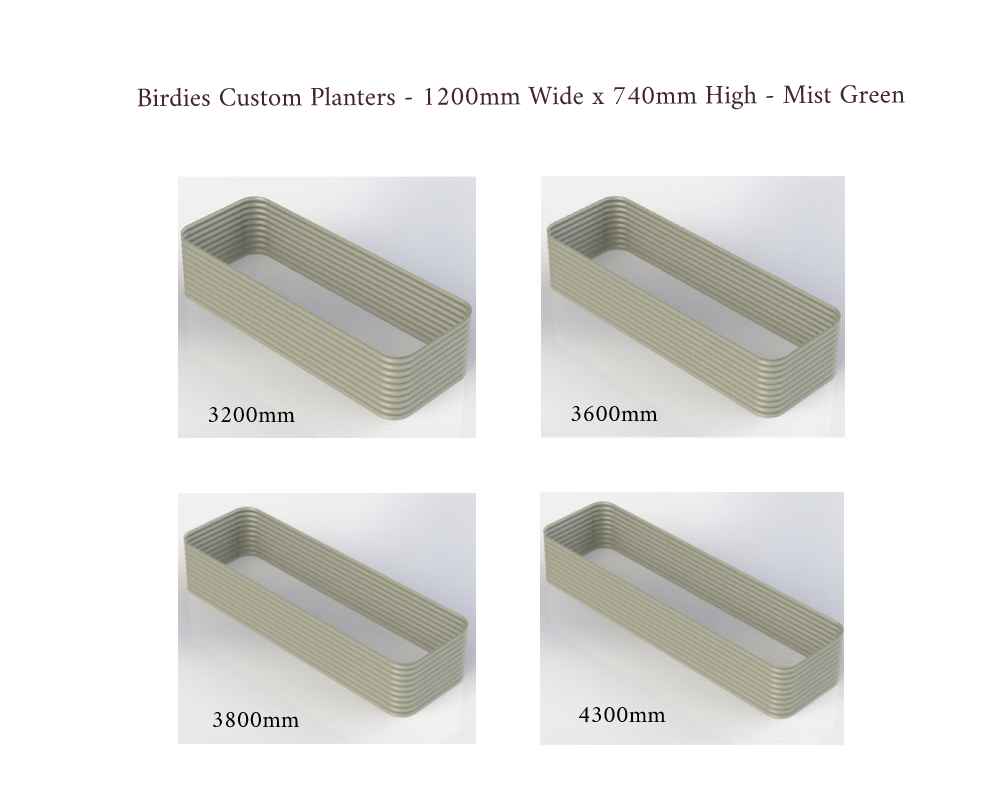 Birdies Custom Planters - 1200mm Wide x 740mm High - Lengths: 3200mm, 3600mm, 3800mm, 4300mm - Mist Green