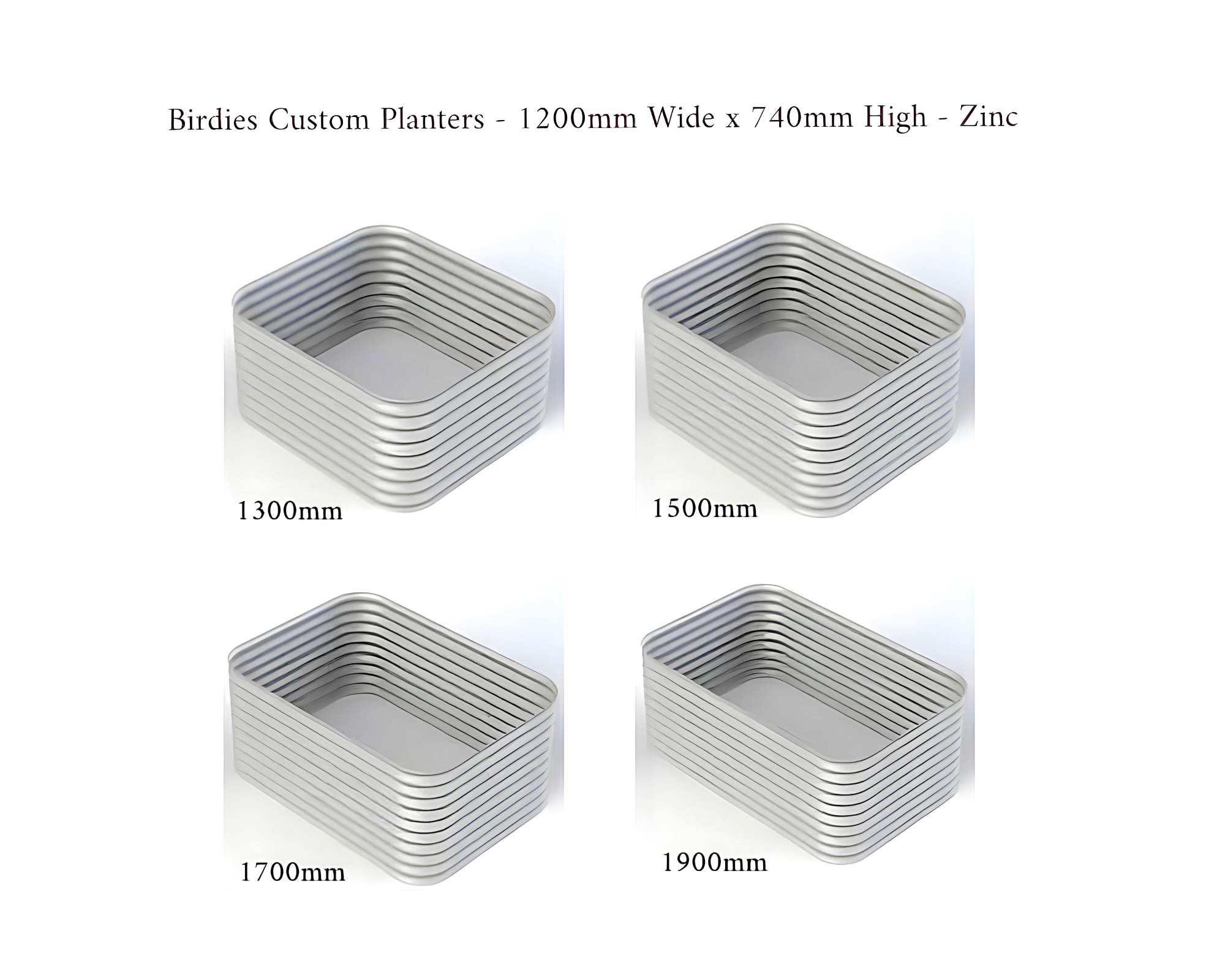 Birdies Custom Planters - 1200mm Wide x 740mm High - Lengths: 1300mm, 1500mm, 1700mm, 1900mm - Zinc