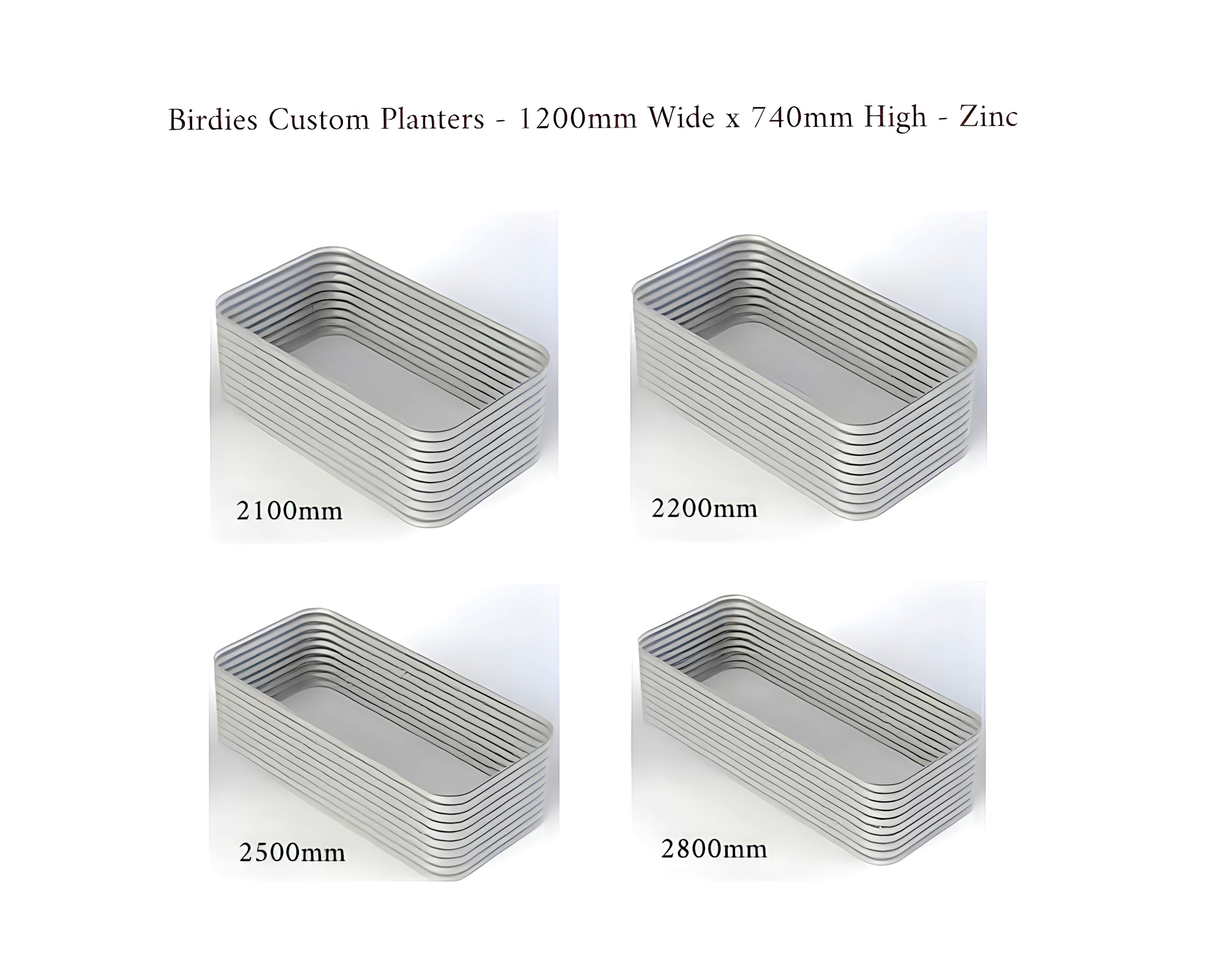 Birdies Custom Planters - 1200mm Wide x 740mm High - Lengths: 2100mm, 2200mm, 2500mm, 2800mm - Zinc