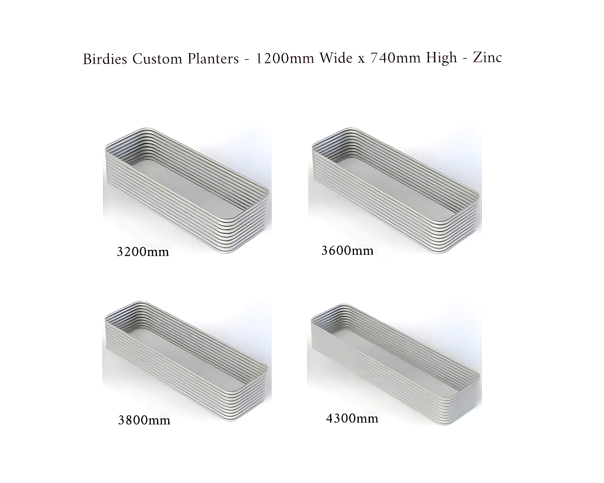 Birdies Custom Planters - 1200mm Wide x 740mm High - Lengths: 3200mm, 3600mm, 3800mm, 4300mm - Zinc