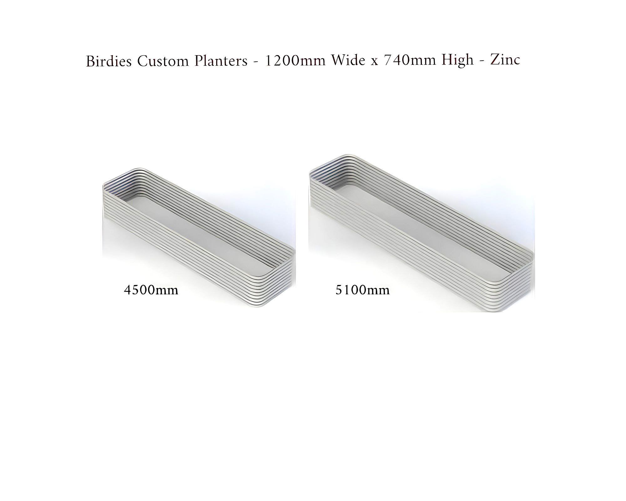 Birdies Custom Planters - 1200mm Wide x 740mm High - Lengths: 4500mm, 5100mm - Zinc
