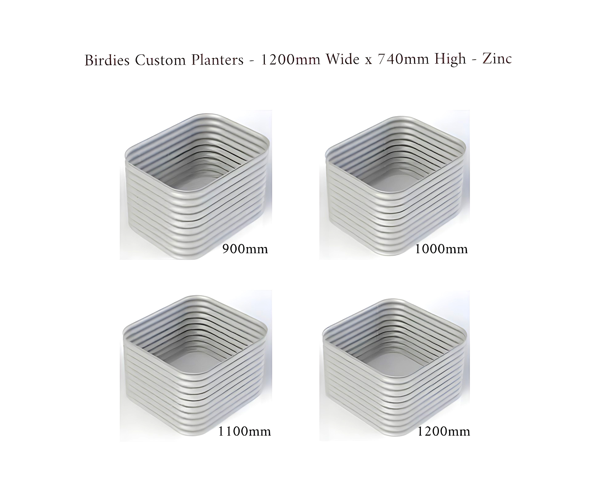 Birdies Custom Planters - 1200mm Wide x 740mm High - Lengths: 900mm, 1000mm, 1100mm, 1200mm - Zinc