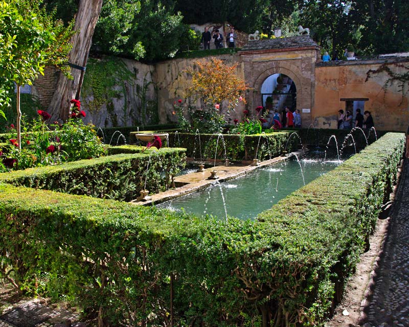Alhambra formal gardens with plenty of cooling fountains