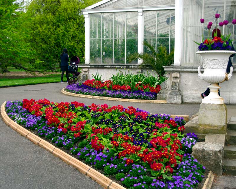 Colourful flowerbeds outside the Waterlily House in Spring - Kew Gardens